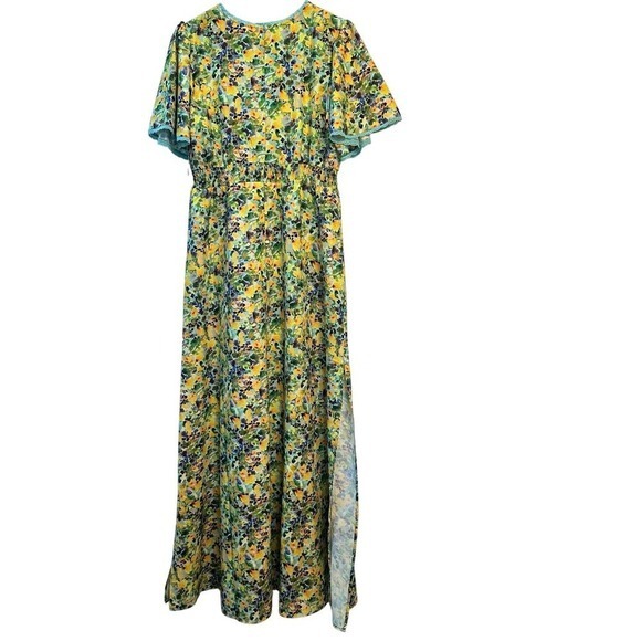 NWT Alexia Admor Maxi Slit Dress Flutter Sleeve Yellow Teal Floral Women's Sz 6 - Picture 3 of 12